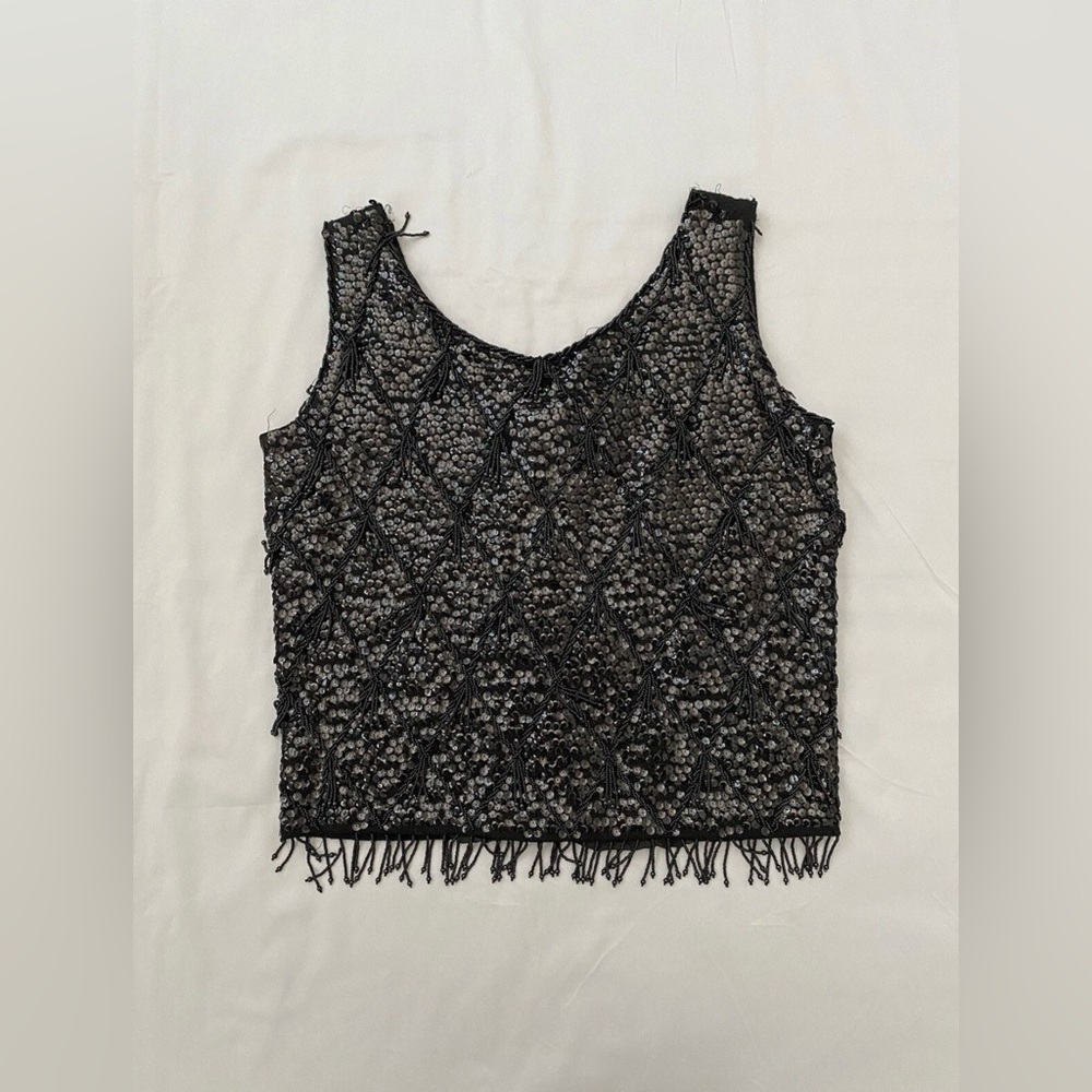 Vintage Imperial Imports Black Sequin Beaded Wool Top Lined 1960s
